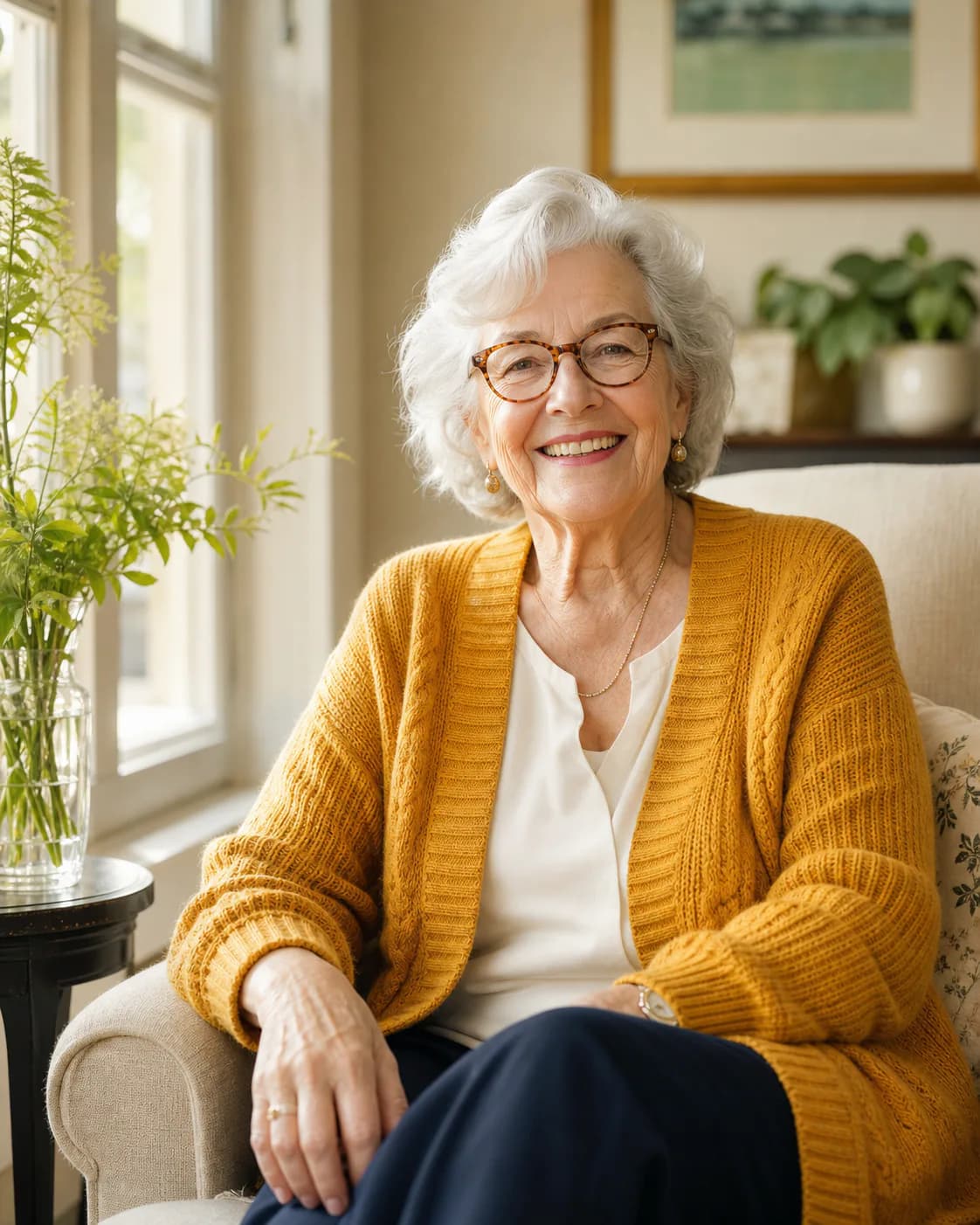 An older woman smiling in a sunlit room